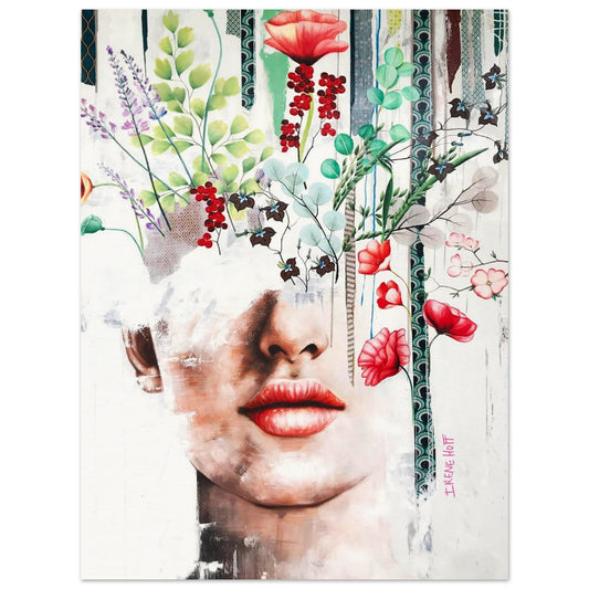 Blooming mixed media portrait art print by Irene Hoff